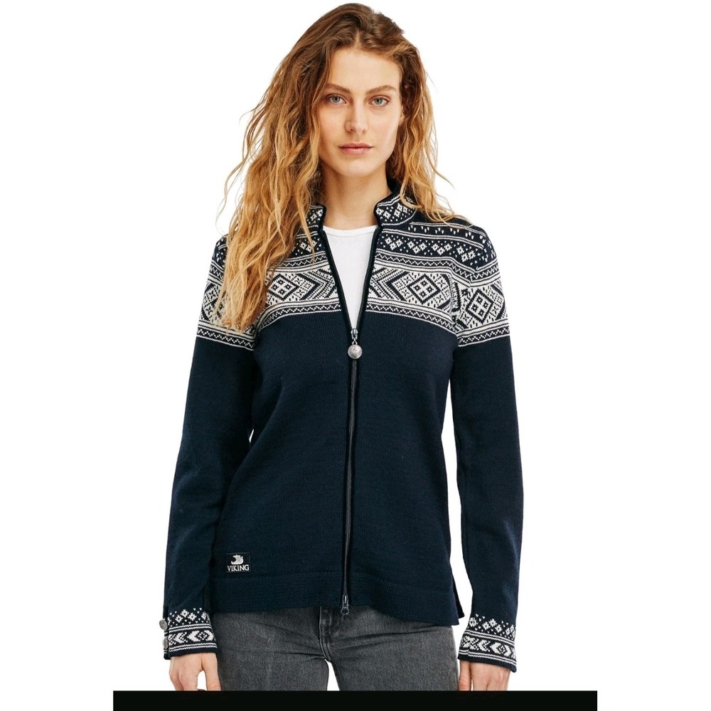 Dale of Norway Women's Viking Karine Zip Nordic Navy Fair Isle Wool Sweater L